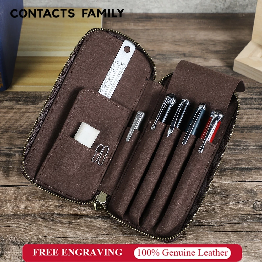 CONTACTS FAMILY กล่องใส่ปากกาหมึกซึมหนังแท้ กระเป๋าใส่ดินสอทำมือ กล่องใส่ปากกาสไตล์เรโทร อุปกรณ์จัดระเบียบสำหรับโรงเรียน สำนักงาน