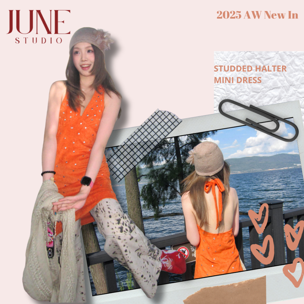 [June Studio] Design Sense Rivets Polka Dot Halter Vneck Lace-Up Halter Dress