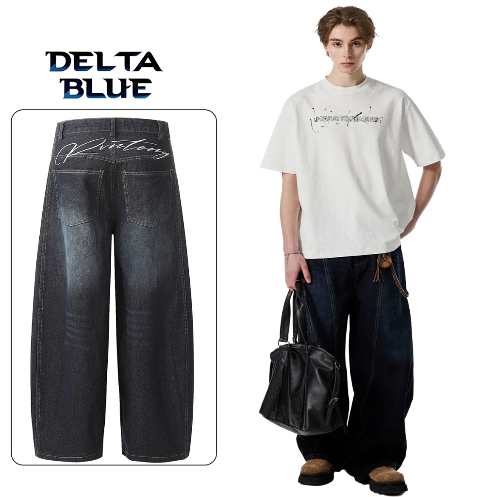 DELTA BLUE[ส่งฟรี] กางเกงยีนส์ผู้ชาย กางเกงลาบิดา ขากว้างลาย [ปักอังกฤษที่สะโพก] ทรงหลวมเท่ ไซส์สั้น/ยาว เลือกได้ตามสไตล์