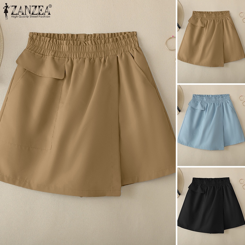 ZANZEA ใส่ ซานเซีย ผู้หญิงเกาหลีสบายๆเอวยางยืดเท็จสองกับกระเป๋ากางเกงขาสั้น - รูปที่ 2