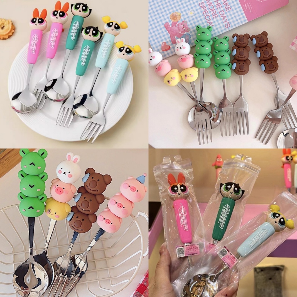 ส้อมของหวาน ช้อนเด็ก บนโต๊ะอาหาร การ์ตูน สร้างสรรค์ The Powerpuff Girls แบบพกพา