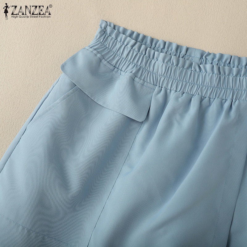 ZANZEA ใส่ ซานเซีย ผู้หญิงเกาหลีสบายๆเอวยางยืดเท็จสองกับกระเป๋ากางเกงขาสั้น - รูปที่ 5