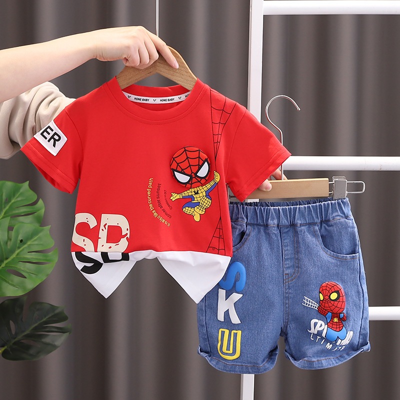 เสื้อผ้าเด็ก Superhero Print 3D Panel Design Spider-Man Short-Sleeve Top Denim Shorts ชุดสองชิ้น