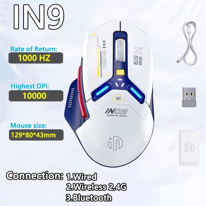 Inphic IN9 เมาส์สําหรับเล่นเกมไร้สายแบบชาร์จไฟได้ตามหลักสรีรศาสตร์เมาส์บลูทูธเอฟเฟกต์แสง RGB คอมพิวเ
