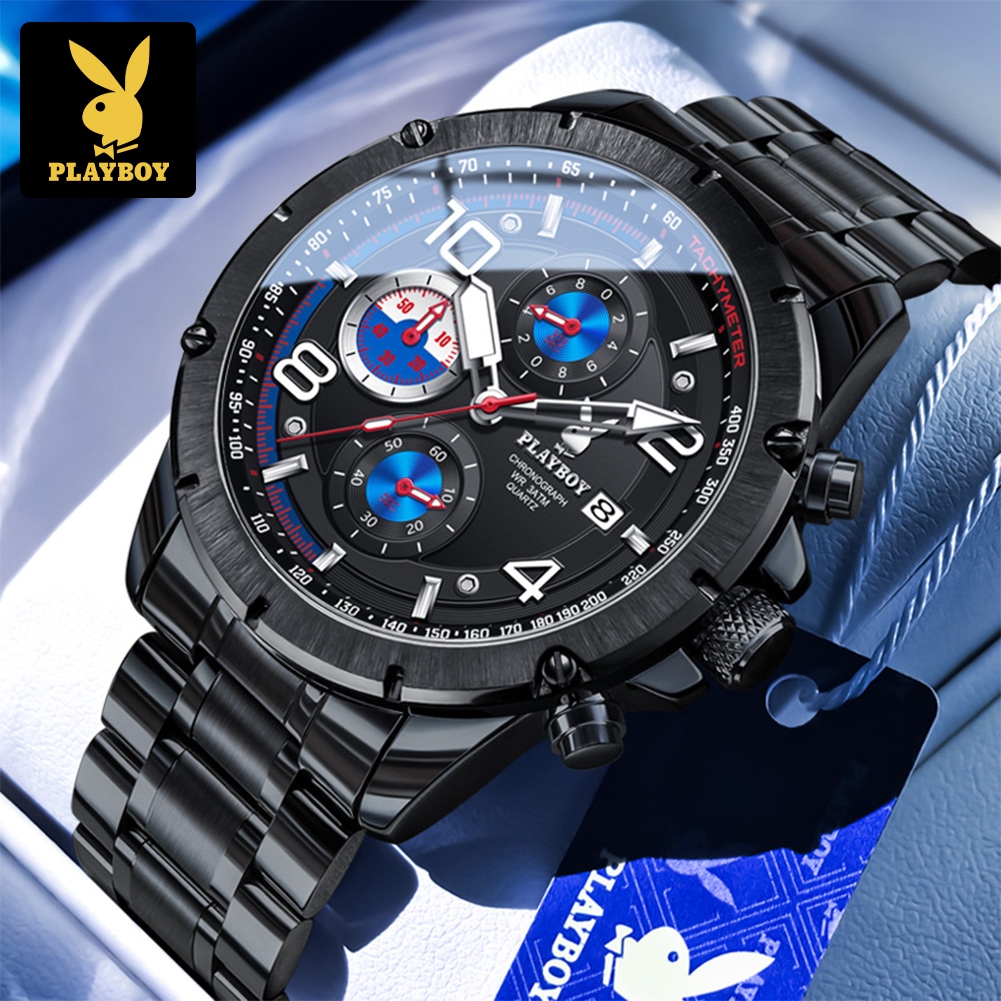 PLAYBOY นาฬิกาข้อมือผู้ชาย สายสแตนเลส ต้นฉบับ กันน้ำ โครโนกราฟ ส่องสว่าง ปฏิทิน พร้อมกล่องของขวัญ