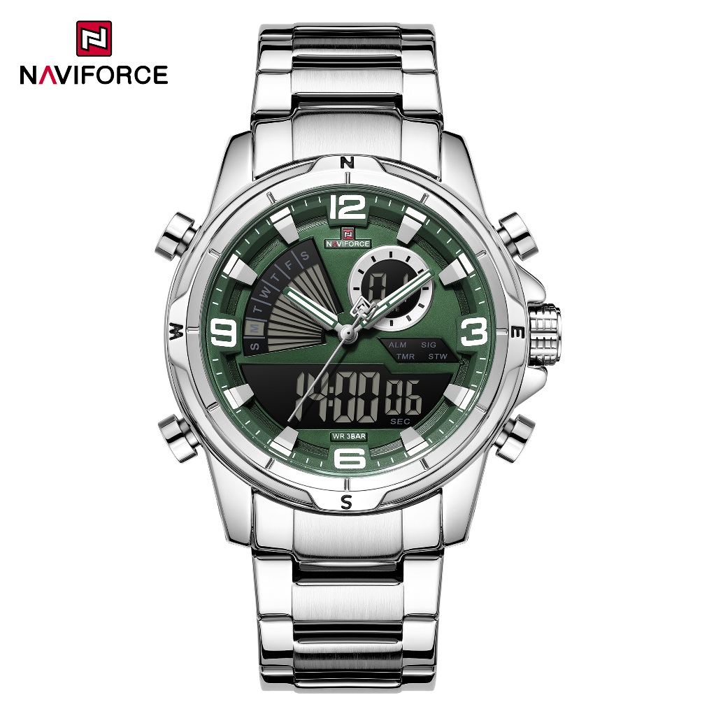 NAVIFORCE 9257 Dual-Display Movement ปฏิทินโครโนกราฟมัลติฟังก์ชั่นสายสแตนเลสนาฬิกาผู้ชาย