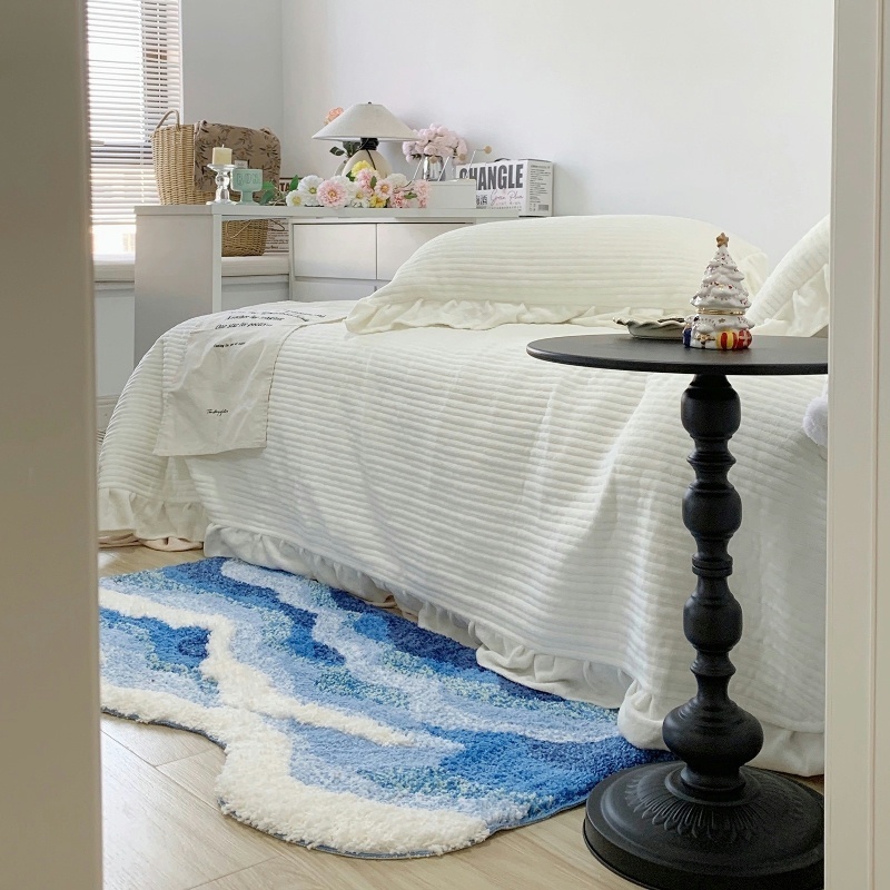 พรมยาว วัสดุแคชเมียร์สามมิติ ลวดลายคลื่นสีน้ำเงินที่มีรูปร่างผิดปกติ ขนาด 50*80 cm  นุ่มสบายและซึมซับได้สูง พรมปูพื้นห้องนอน - รูปที่ 2