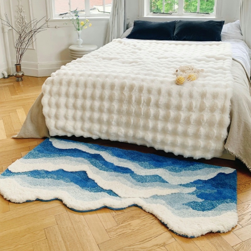 พรมยาว วัสดุแคชเมียร์สามมิติ ลวดลายคลื่นสีน้ำเงินที่มีรูปร่างผิดปกติ ขนาด 50*80 cm  นุ่มสบายและซึมซับได้สูง พรมปูพื้นห้องนอน - รูปที่ 3