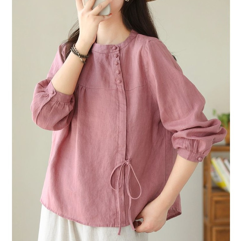 CP วรรณกรรม Retro Diagonal Lace-Up เสื้อแขนยาวสำหรับผู้หญิง ทำจากผ้าฝ้ายผสมลินิน ไซส์ใหญ่