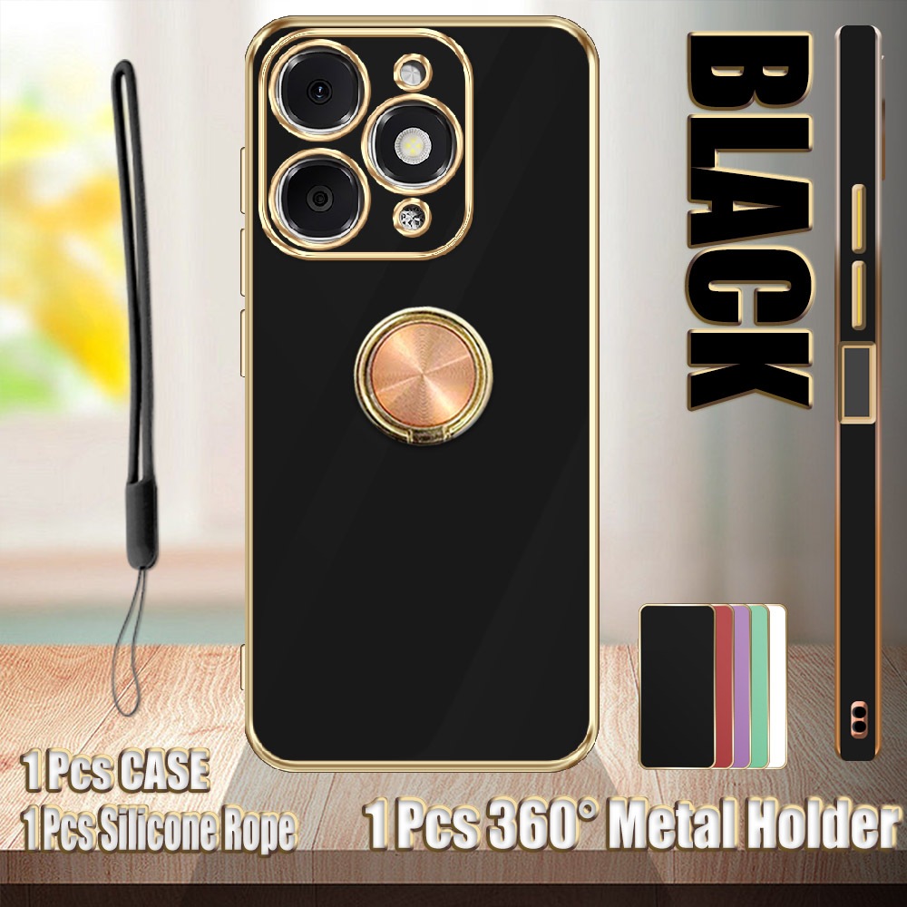 สําหรับ Itel A90 A6610L Straight Edge Electroplated Case พร้อม 360°ที่วางโลหะและเชือกซิลิโคน