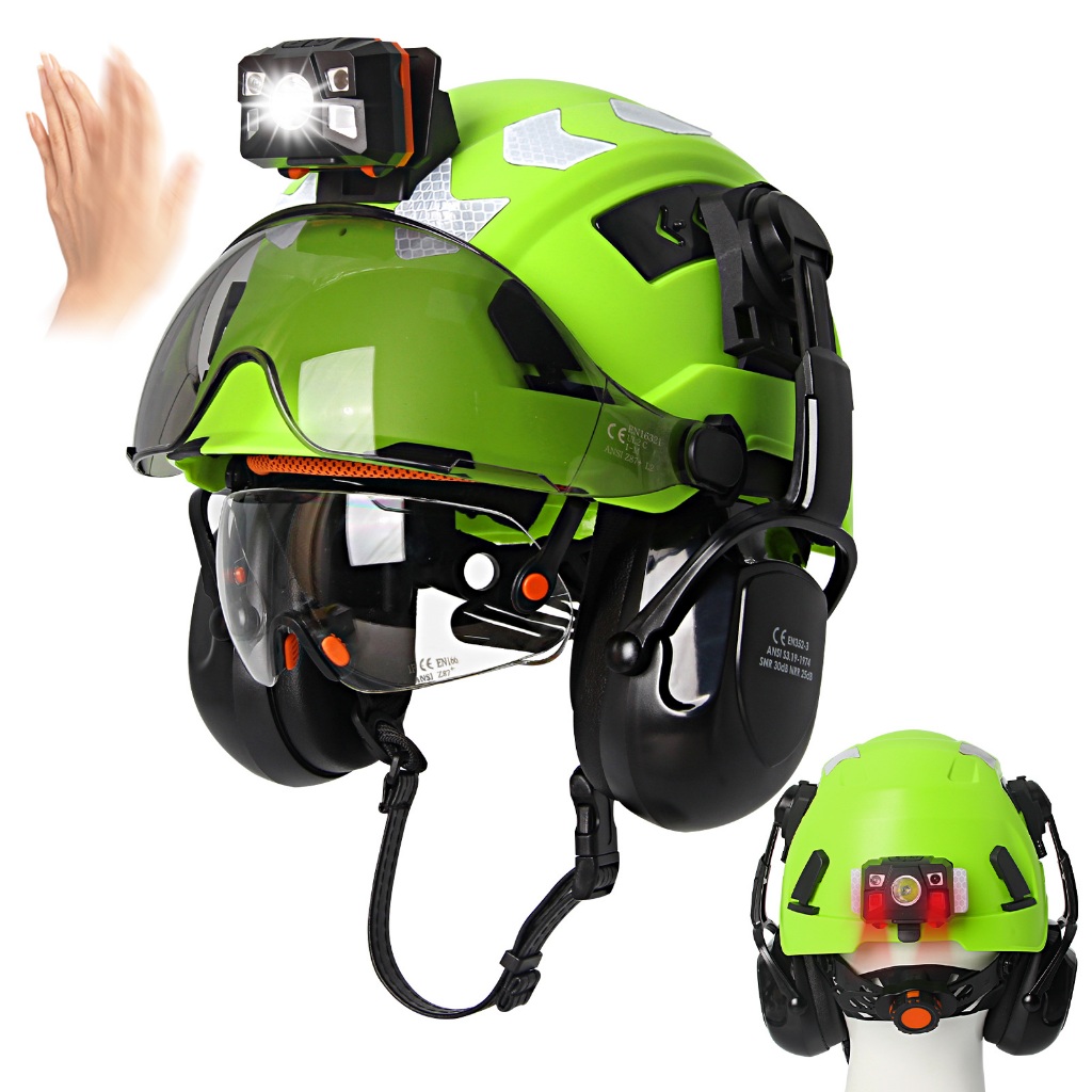 AOLAMEGS หมวกนิรภัยพร้อมแว่นตาคู่ Earmuff ไฟหน้าสติกเกอร์สะท้อนแสง Construct Rescue