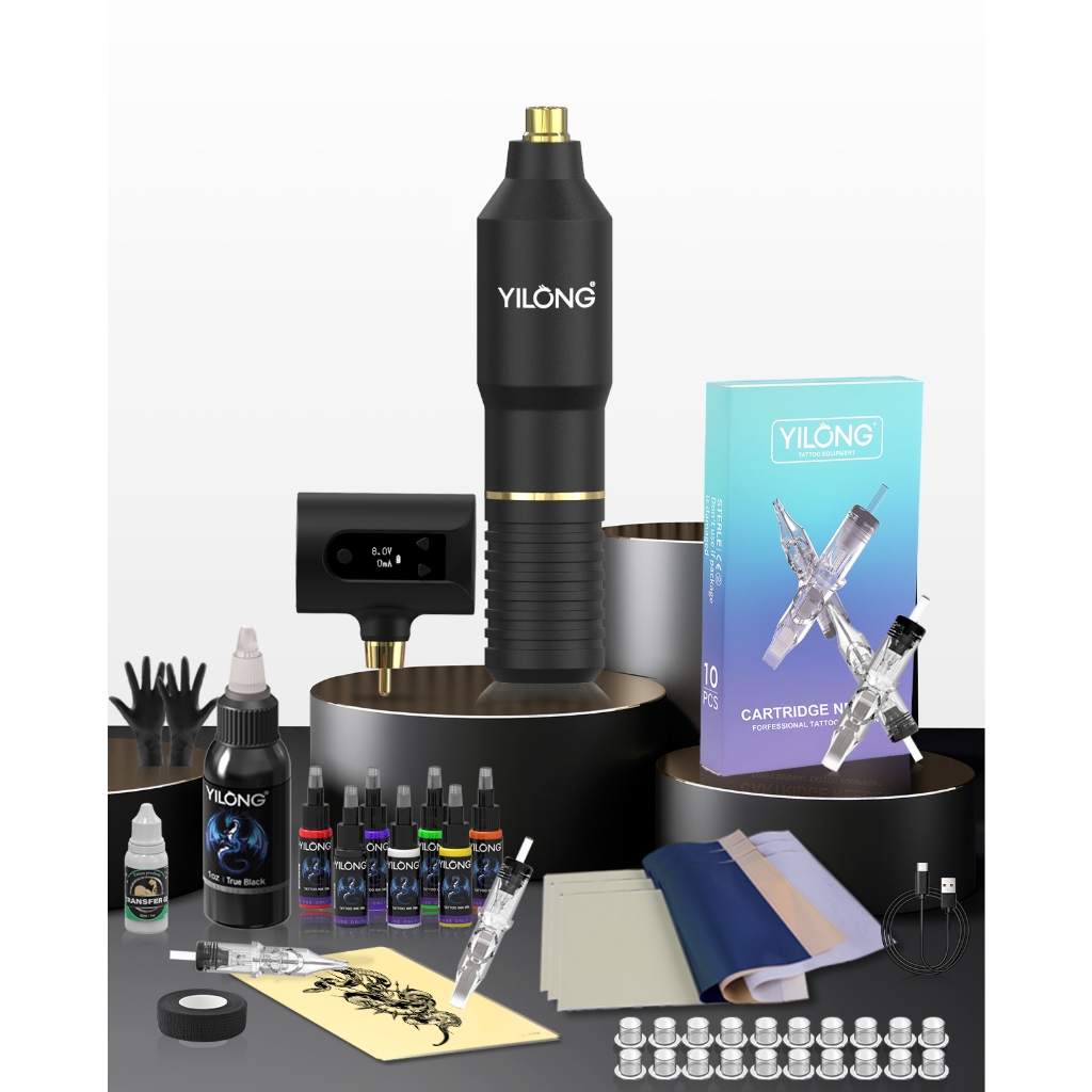 YILONG เครื่องสักปากกาสักไร้สาย, อินเทอร์เฟซ RCA, พอร์ตชาร์จ Type-C, สําหรับคนรักสัก, LED 1500mAh สํ