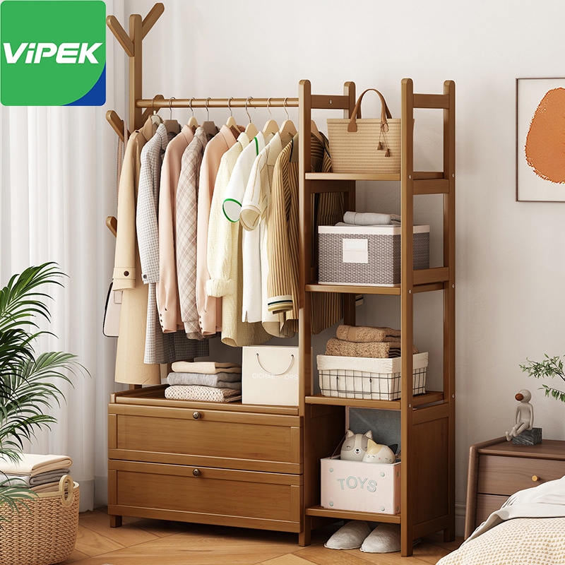 Vipek ตู้เสื้อผ้า ราวแขวนผ้าพร้อมชั้นวาง เซตตู้เเขวนผ้าไม้ ทำจากไม้แท้ พร้อมลิ้นชัก ไม่สั่นไหวง่าย