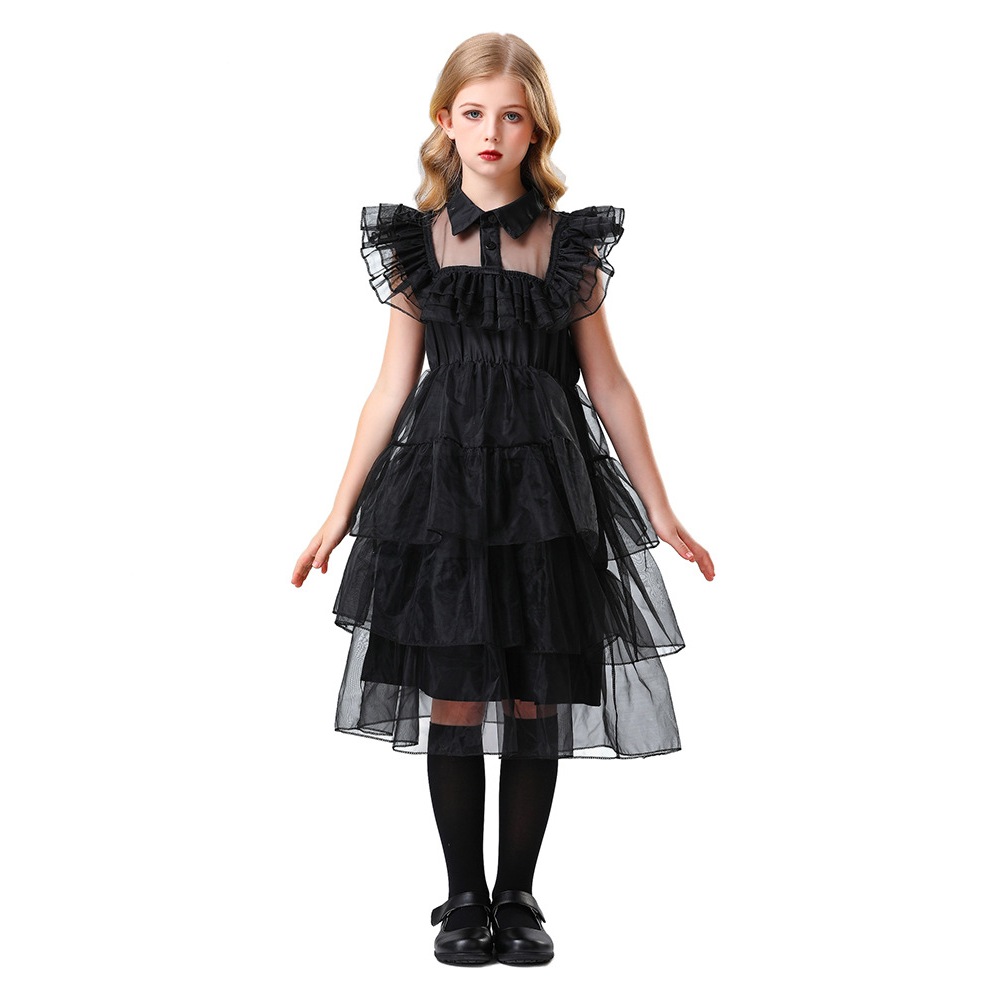 ชุดคอสเพลย์วันฮาโลวีน Wednesday Addams สีดำสำหรับเด็ก