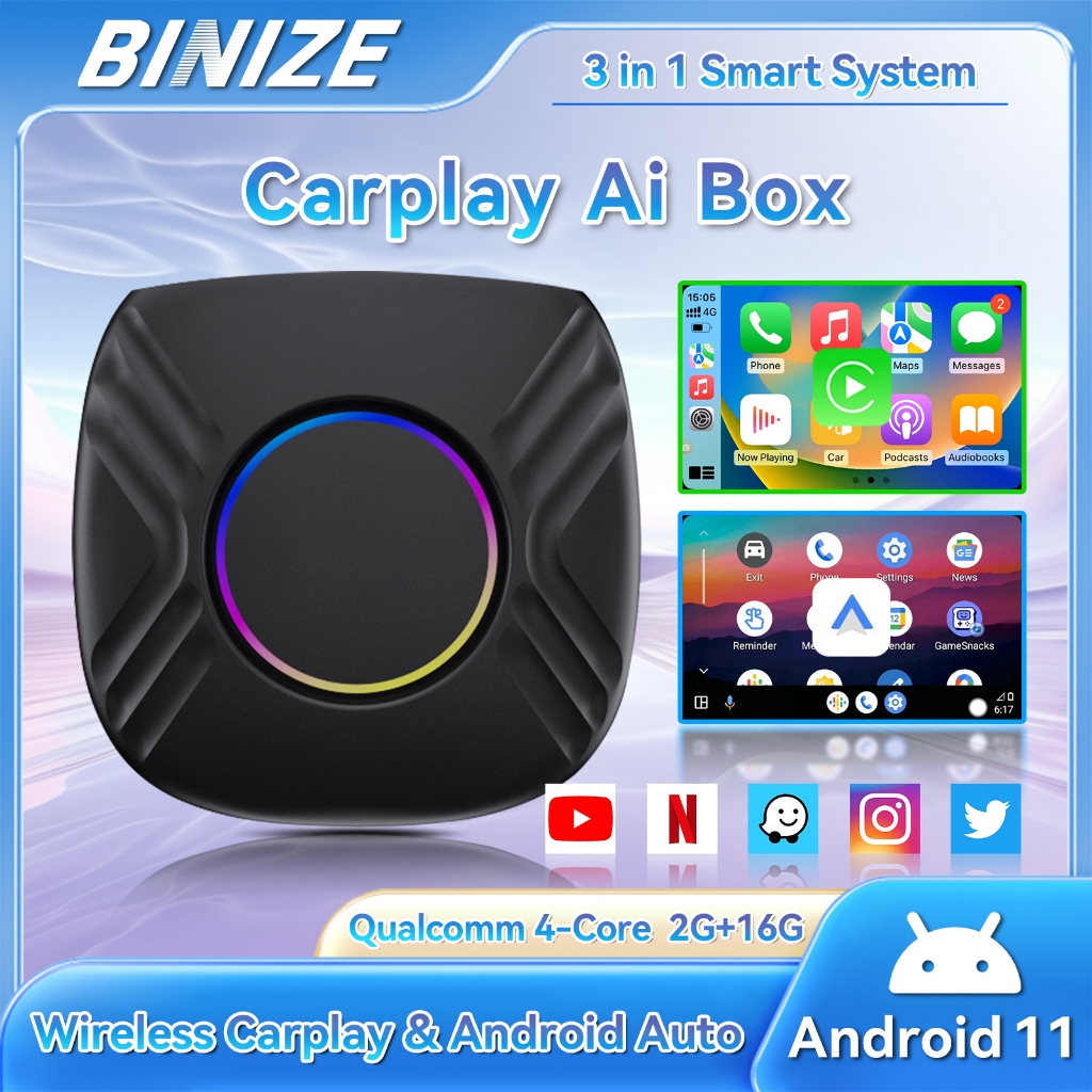 Binize Android 11.0 Carplay AI Box Wireless Android Auto ใหม่ 4-core Qualcomm Snapdragon QCM2290 CPU