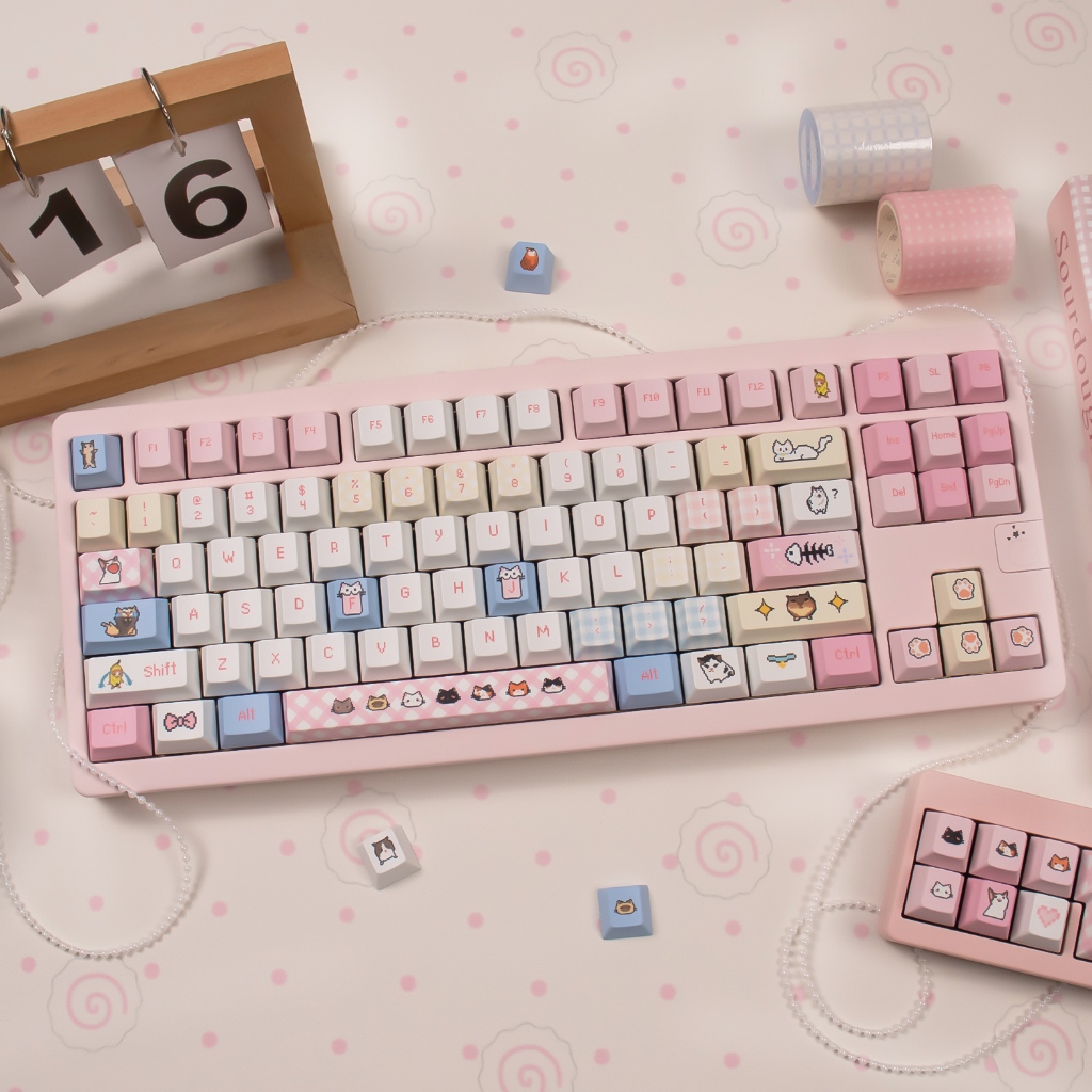 Pixel Cat Keycaps PBT โปรไฟล์เชอร์รี่ Emojis Keycap ชุดสําหรับคีย์บอร์ดเชิงกล