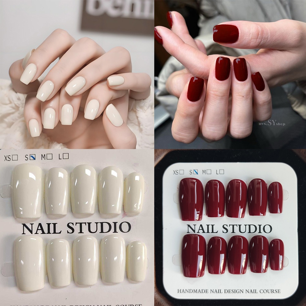 HANDMADE + กาวฟรีภาพถ่ายจริงเล็บเทียมครีมสีขาว Burgundy Solid French Phototherapy เล็บปลอมกดบนเล็บนํากลับมาใช้ใหม่ได้