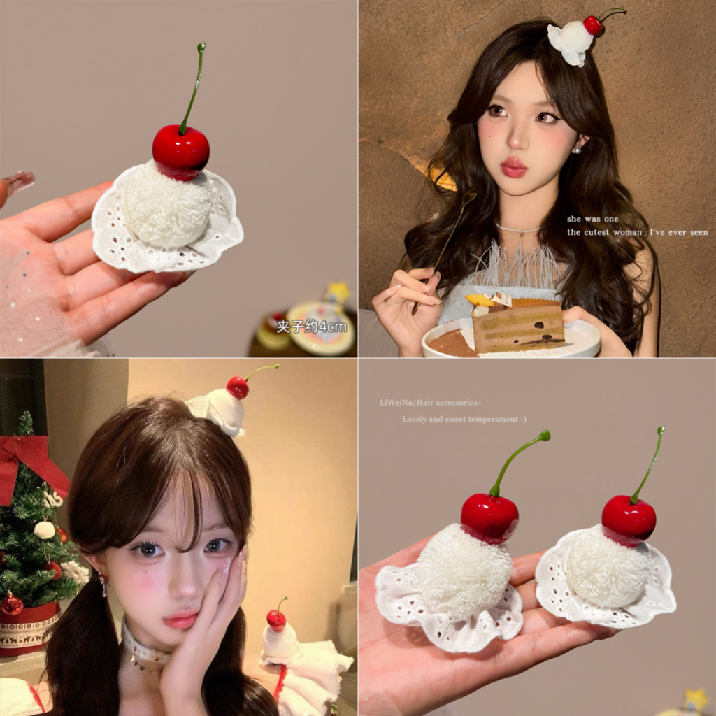 กิ๊บผมทรงบอลสำหรับผู้หญิง ลวดลายเค้กเชอร์รี่และดอกไม้ พร้อมคลิปละเอียดวันเกิด