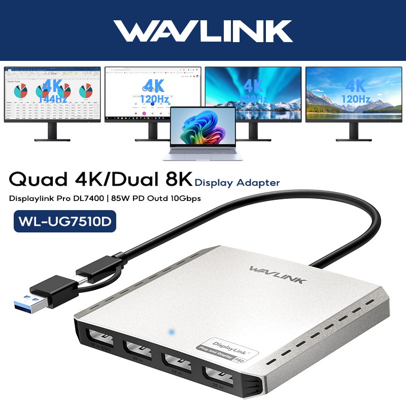 WAVLINK Displaylink Quad 4K/Dual DP 8K Displayport อะแดปเตอร์ 85W ต้นน้ําชาร์จสําหรับ Macbook Neo In