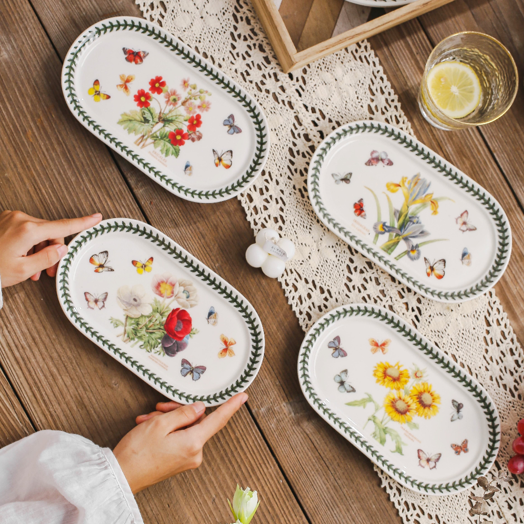 HongDian Portmeirion จานเซรามิก ceramic porcelain oval plate ลายดอกไม้และผีเสื้อ underglaze ดีไซน์ทันสมัย ทนความร้อน สีไม่ซีดจาง ปลอดภัยต่ออาหาร ใช้กับ microwave oven ได้ ล้างใน dishwasher และตู้ฆ่าเชื้อ ทำความสะอาดง่าย เหมาะเป็นจานของหวาน เค้ก ผลไม้ ซูชิ