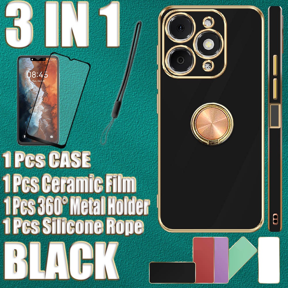 3 IN 1 สําหรับ Itel A90 A6610L Electroplated Case พร้อมฟิล์มเซรามิคและ 360°ที่วางขาตั้งแหวนโลหะมือถื