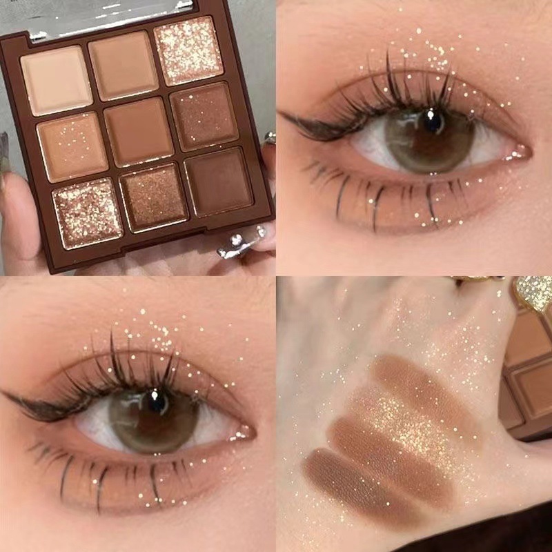 พาเลทอายแชโดว์ช็อกโกแลต 9 สี - เคลือบ, ชิมเมอร์ & กลิตเตอร์ ฟินิช, แต่งตาแบบผสมผสานให้เป็นธรรมชาติให้ดูตัวหนา โทนสีน้ําตาลแต่งตาแบบกันน้