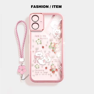 VRQR สําหรับ Samsung Galaxy A07 A06 4G 5G A05S A05 A04E A04 A03 Core ปลอกแมวน่ารักและกระต่ายดอกไม้เชือกใสเคสโทรศัพท์ป้องกัน