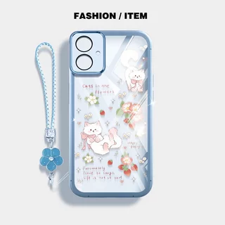 VRQR สําหรับ Samsung Galaxy A07 A06 4G 5G A05S A05 A04E A04 A03 Core ปลอกแมวน่ารักและกระต่ายดอกไม้เชือกใสเคสโทรศัพท์ป้องกัน