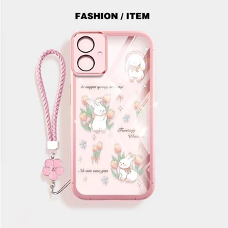 VRQR สําหรับ Samsung Galaxy A07 A06 4G 5G A05S A05 A04E A04 A03 Core ปลอกแมวน่ารักและกระต่ายดอกไม้เชือกใสเคสโทรศัพท์ป้องกัน