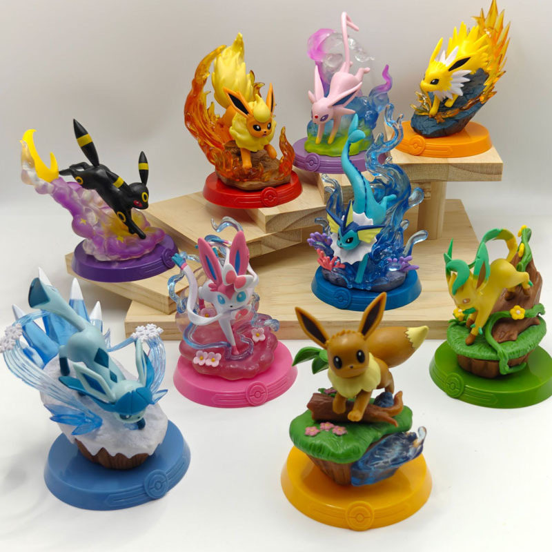 9 ชิ้น 10 ซม.-12 ซม.Pokemon ของแท้ Eevee Sylveon Umbreon Vaporeon Glaceon Flaron Action Figure อะนิเมะตุ๊กตาของเล่นของขวัญวันเกิด