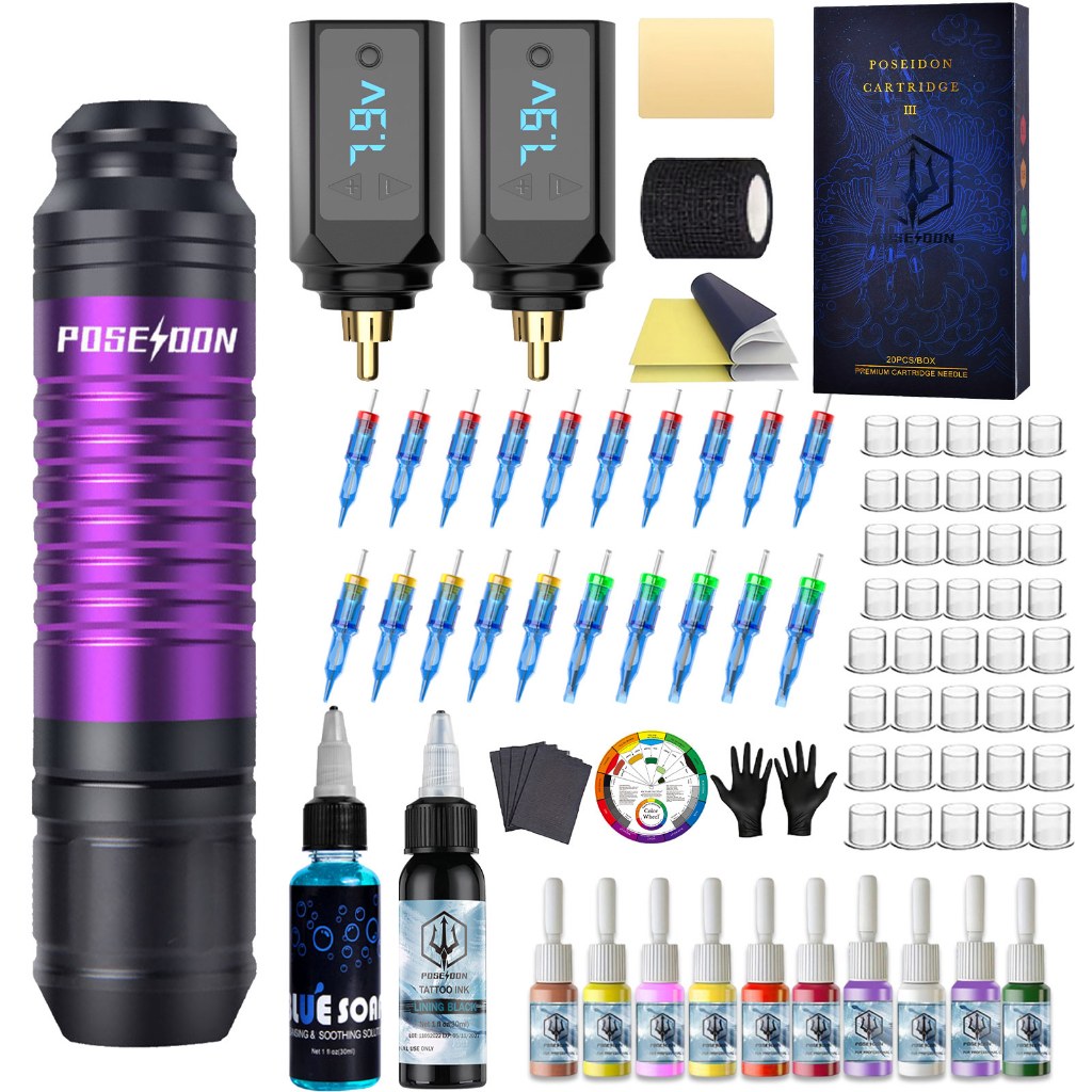 ชุดสัก POSEIDON, ปากกาสักพร้อมแหล่งจ่ายไฟสัก 2 ชิ้นและเข็มตลับสัก 20 ชิ้นสําหรับผู้เริ่มต้นและศิลปิน