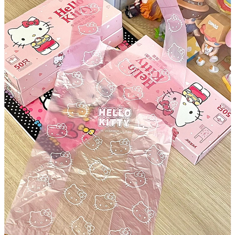 🐱50 ชิ้น/กล่อง สีชมพู สวัสดี คิตตี้ ถุงขยะสร้างสรรค์น่ารักแบบพกพาการจัดเก็บถุงพลาสติกแบบใช้แล้วทิ้ง
