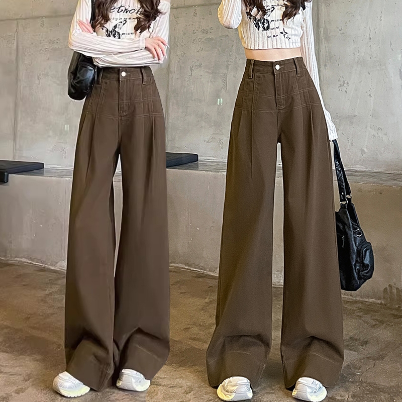 S~5XL กางเกงยีนส์สีกาแฟขาบานเอวสูง ทรงเรียบทรงหลวมสำหรับสวมใส่สบายHOT