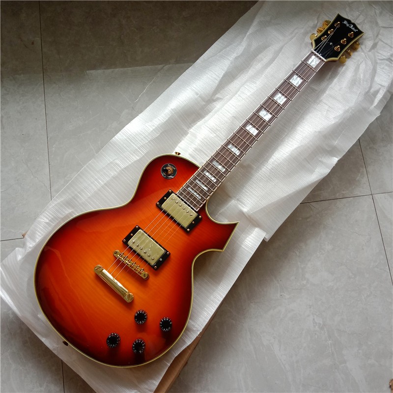 6 สายกีตาร์ไฟฟ้าที่กําหนดเอง,Flame Maple Top Mahogany Body & Neck Rosewood Fingerboard Gold ฮาร์ดแวร