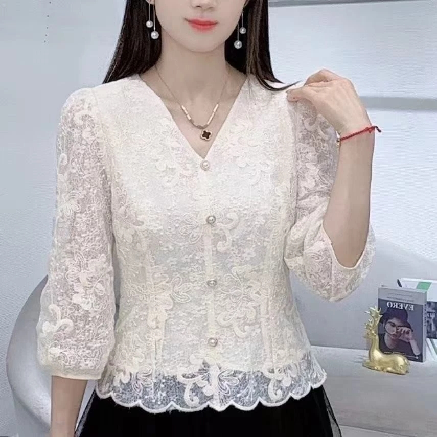 เกาหลีผู้หญิงแฟชั่นย้อนยุคลําลองโวลต์ปก3/4แขนเสื้อลูกไม้ท็อปส์