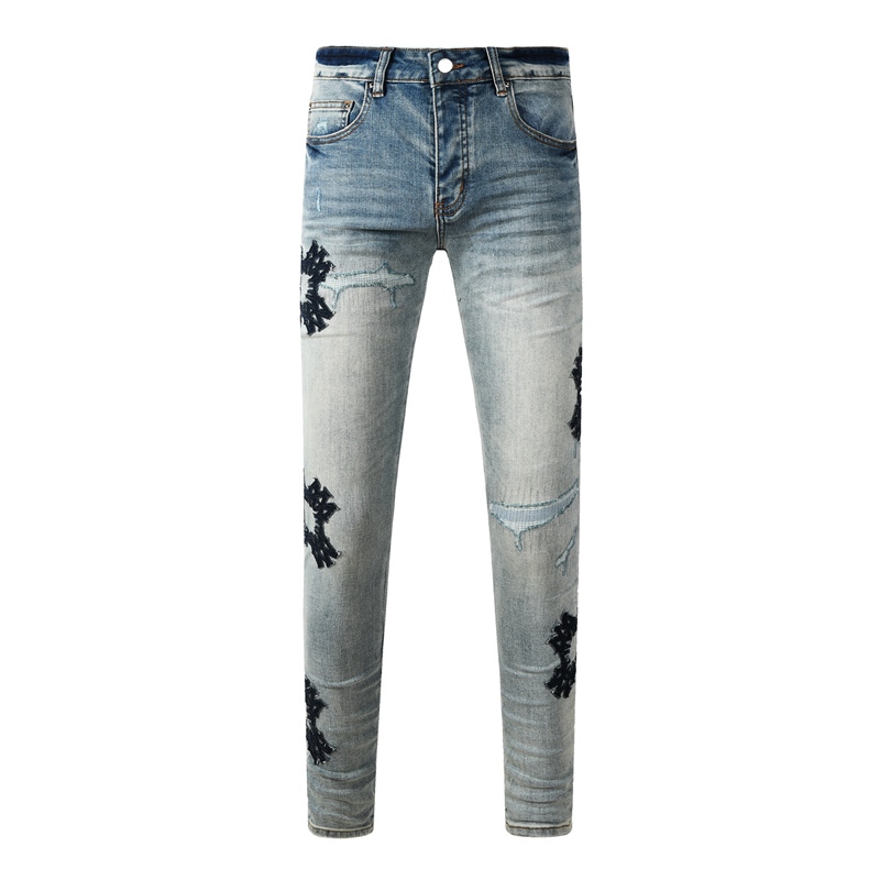 Amiri ถนนแฟชั่นผู้ชายกางเกงยีนส์สีฟ้า slim fit กางเกงยีนส์ยืดพิมพ์ hip-hop retro style ผู้ชายกางเกงย
