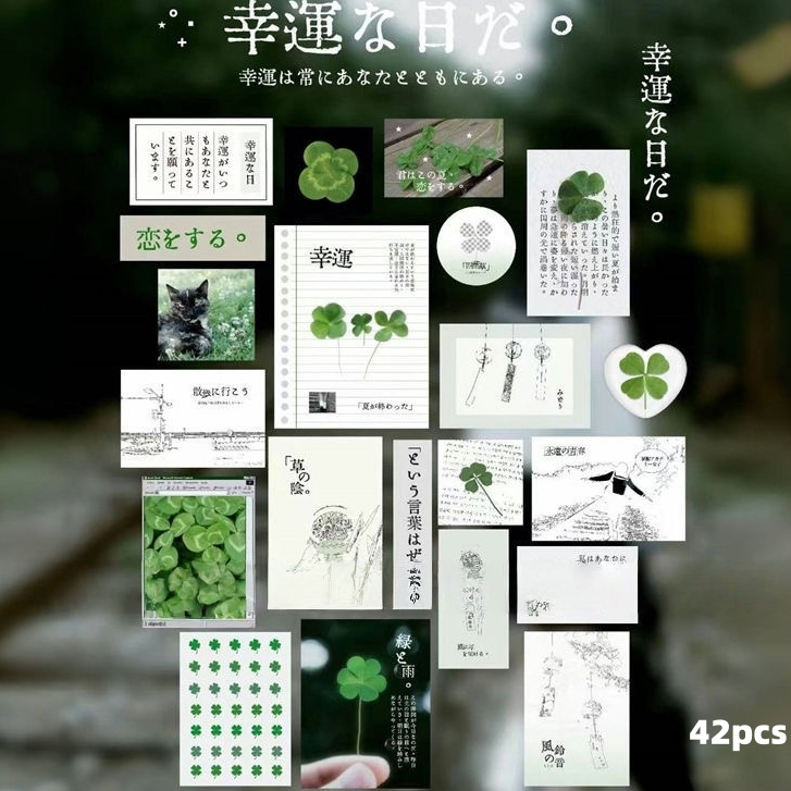 สติกเกอร์แพ็ค 42 แผ่น ลายใบโคลเวอร์ กันน้ำ ปิดผนึก วัสดุ DIY ตกแต่งสมุด แก้วน้ำ และเคสโทรศัพท์