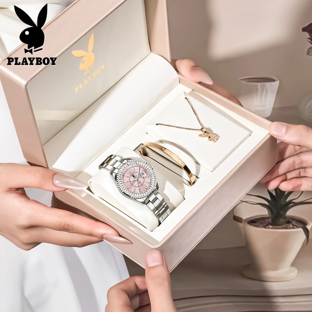 PLAYBOY นาฬิกาผู้หญิง นาฬิกาหรู มีสไตล์ แท้ 100% กันน้ำ สร้อยคอ กำไลข้อมือ ควอตซ์ ชุดนาฬิกาผู้หญิง 3528