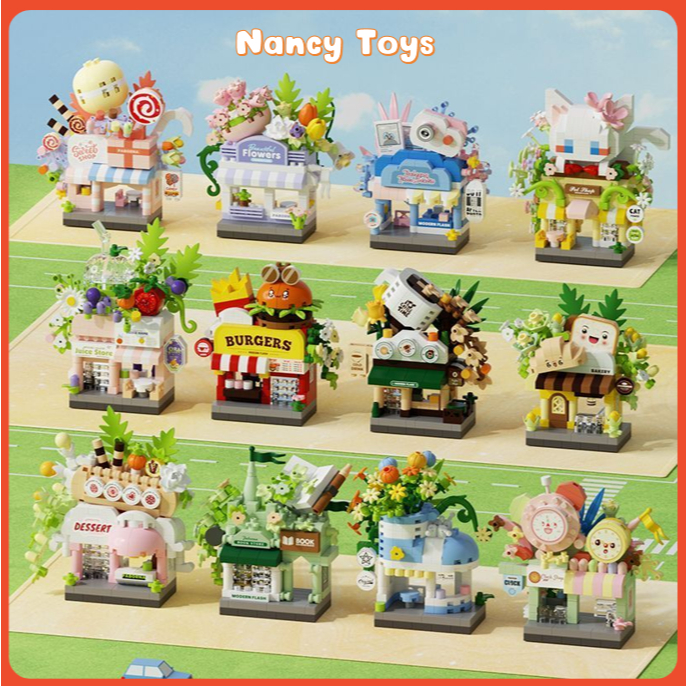 🏪🛣️ ตัวต่อร้านเล็กน่ารักติดถนน  ร้านเบอร์เกอร์  คาเฟ่  ห้องสมุด DIY 7CM  ของเล่นเด็ก ของขวัญ <Nancy Toys>