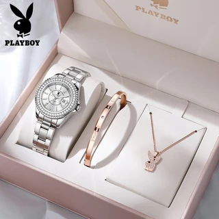 PLAYBOY นาฬิกาผู้หญิง นาฬิกาหรู มีสไตล์ แท้ 100% กันน้ำ สร้อยคอ กำไลข้อมือ ควอตซ์ ชุดนาฬิกาผู้หญิง 3528