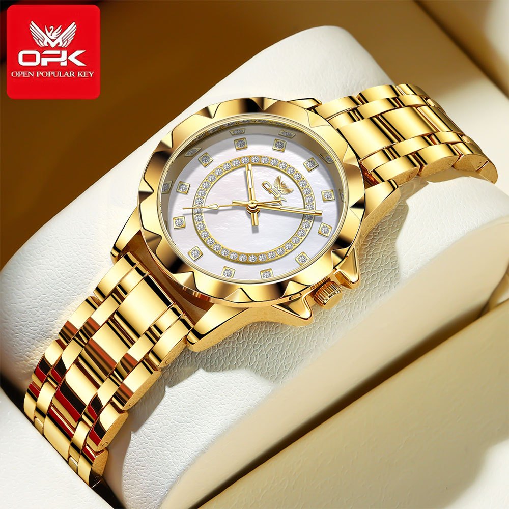 OPK นาฬิกาข้อมือผู้หญิง ธุรกิจหรูหราสีทองเรืองแสงกันน้ำดั้งเดิม นาฬิกาของขวัญสำหรับผู้หญิง 6011