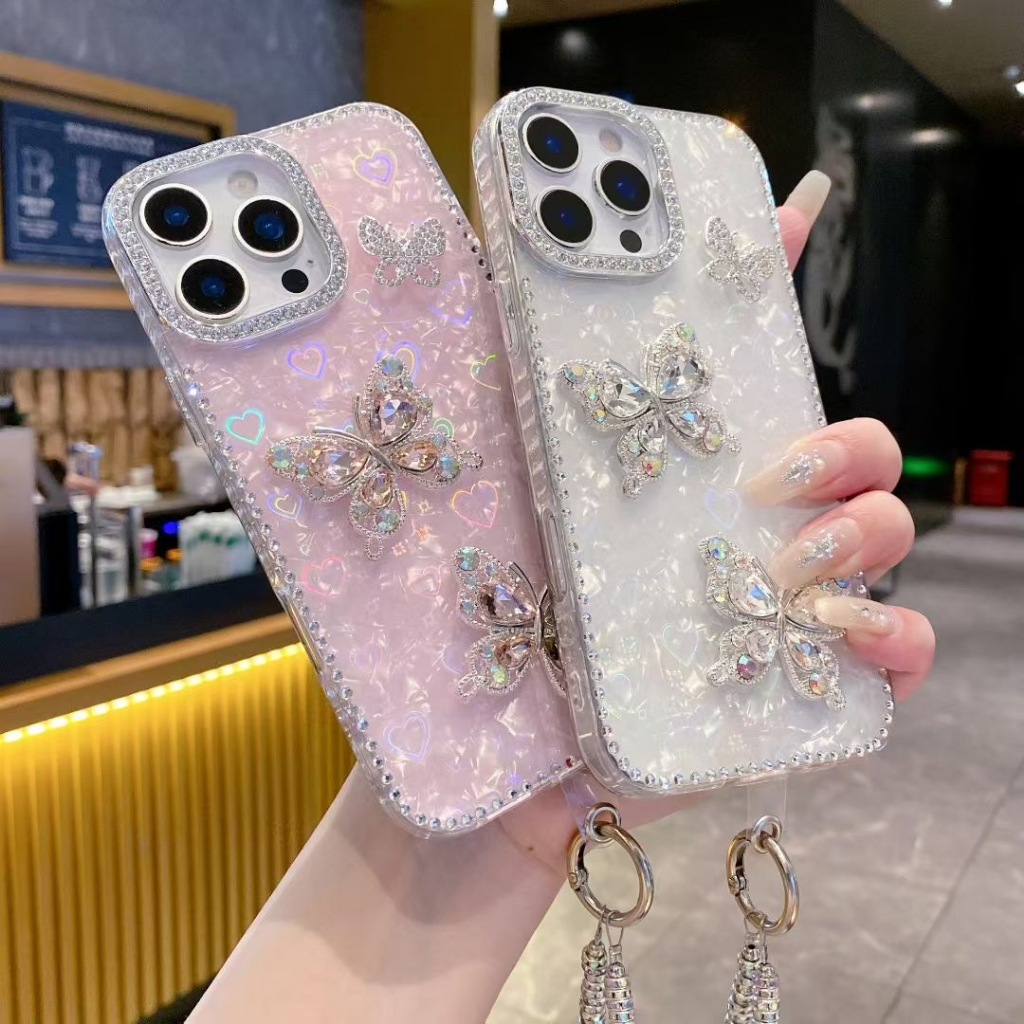 ประกายเพชรผีเสื้อเข็มขัดโซ่เคสโทรศัพท์เข้ากันได้สําหรับIphone 17 16 15 14 13 Pro Max 12 Pro Max 11 สีสันสาวสวยSoft TPUฝาครอบโทรศัพท์