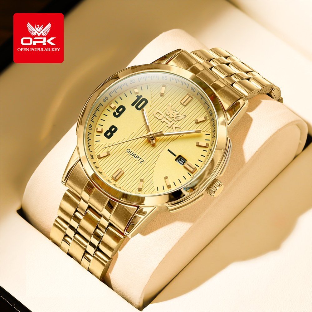 OPK นาฬิกาผู้ชาย แฟชั่นหรูหราสีทองเรืองแสงกันน้ำดั้งเดิม นาฬิกาข้อมือผู้ชาย ของขวัญ 6021
