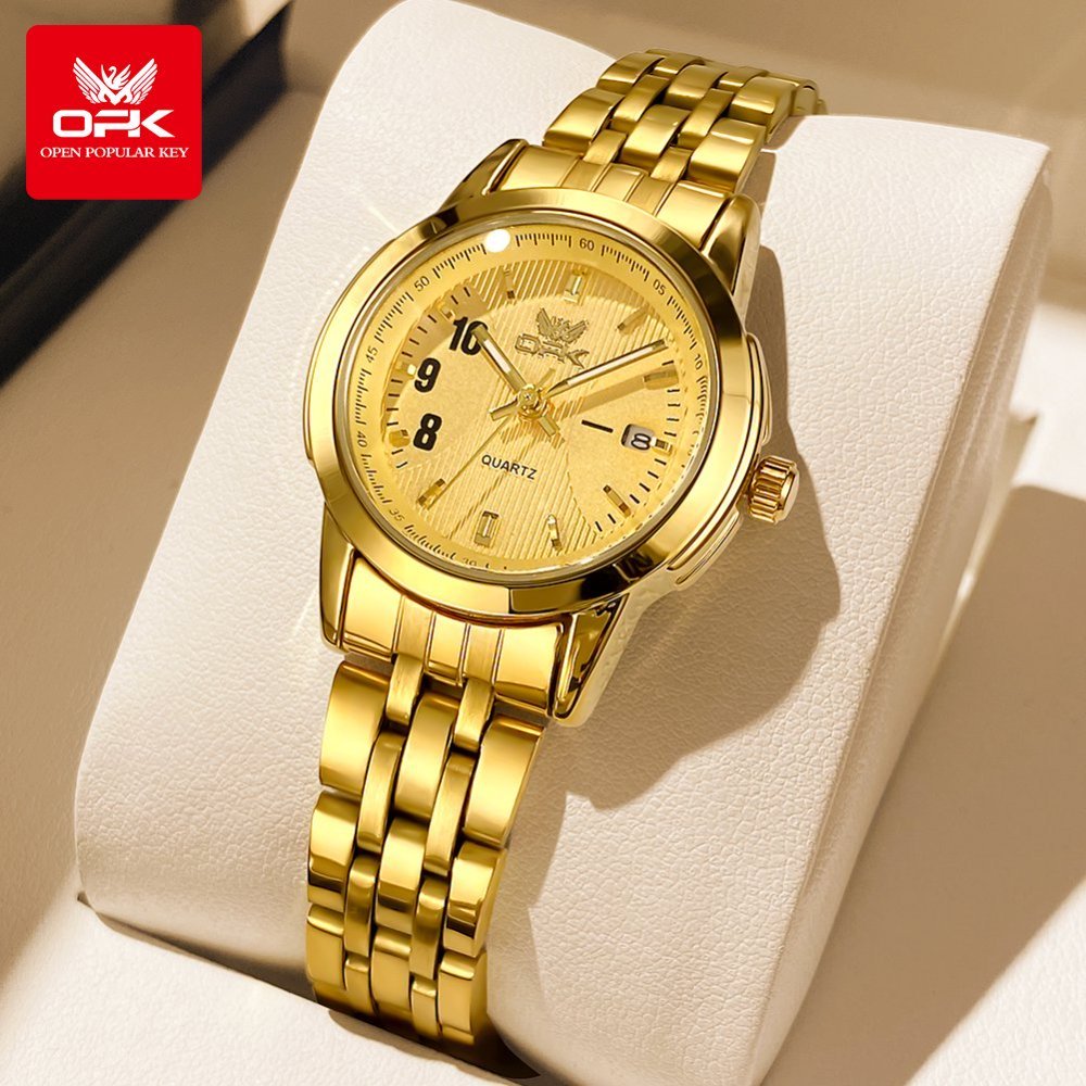 OPK นาฬิกาข้อมือผู้หญิง แฟชั่นหรูหราสีทองเรืองแสงกันน้ำดั้งเดิม นาฬิกาของขวัญสำหรับผู้หญิง 6021