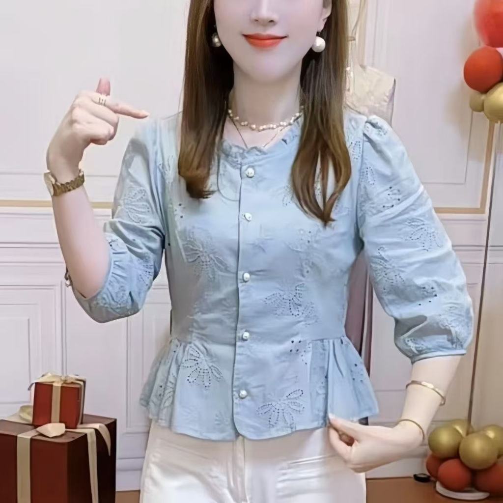 เสื้อสไตล์เกาหลีสำหรับผู้หญิง ดีไซน์เอวสวย แขน¾ งานเย็บประณีต