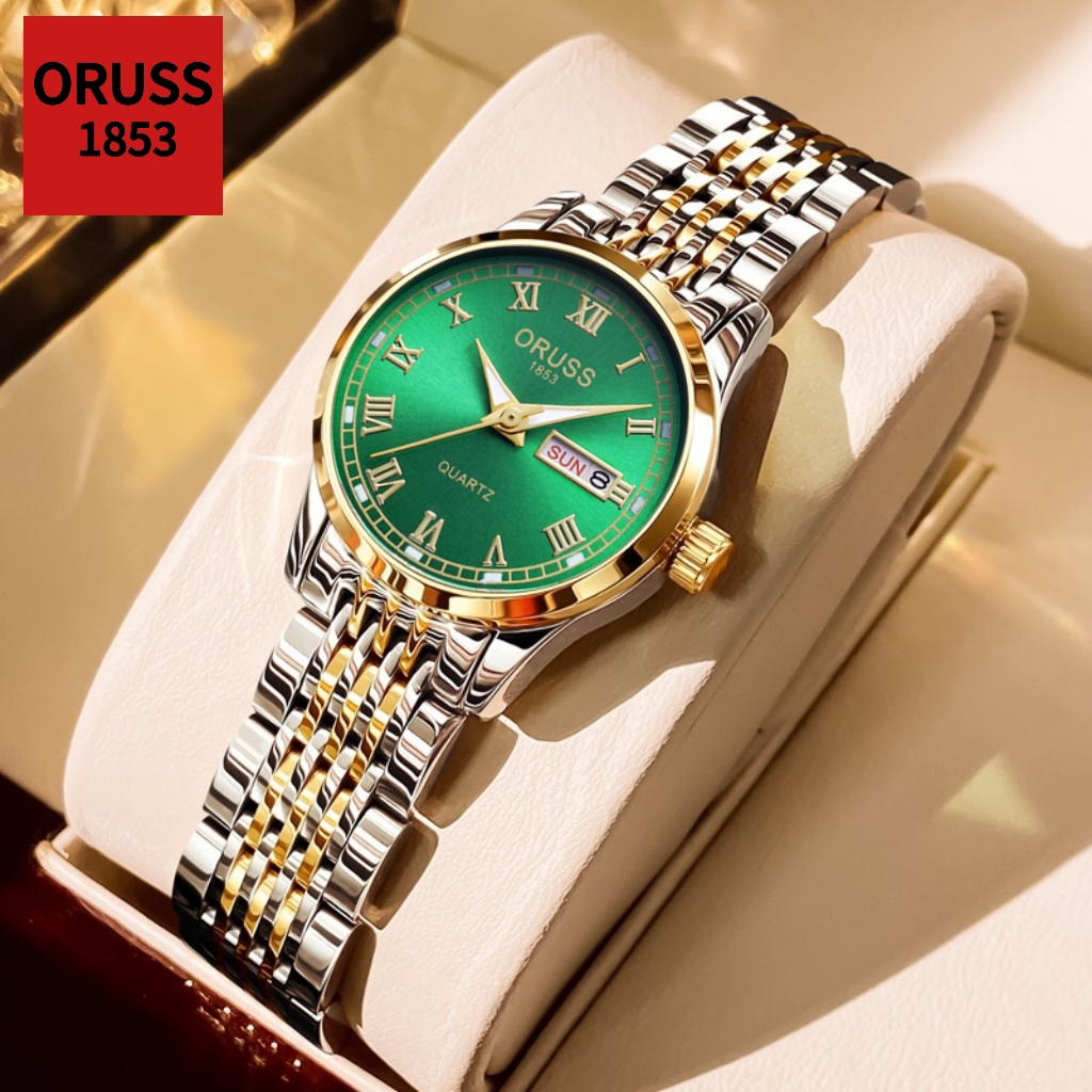 ORUSS Original หญิงสแตนเลสสีเขียว Dial Luxury Dual ปฏิทิน Luminous นาฬิกากันน้ํา
