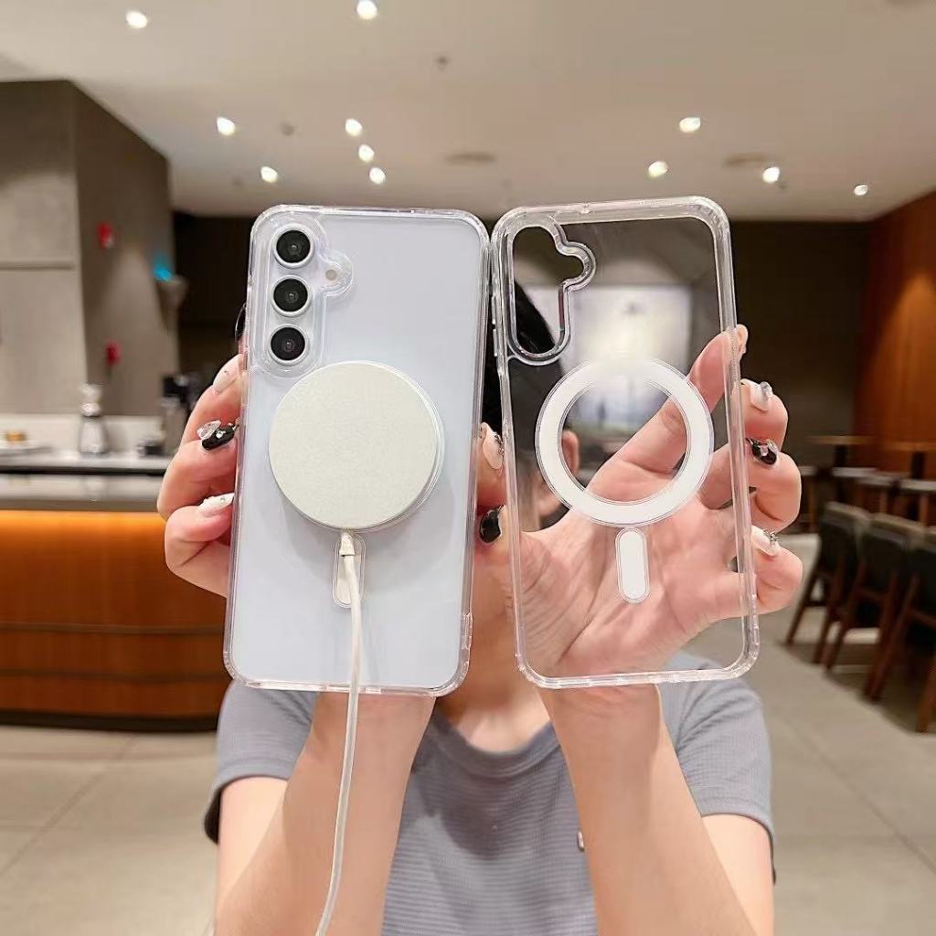 เคสแม่เหล็กออกแบบสําหรับ Samsung Galaxy S23 S25 FE A14 A16 A17 A07 A34 5G ใช้งานร่วมกับชาร์จและอุปกรณ์เสริม Galaxy S24 FE A55 A56 A36 A26 5G TPU (ใส) ฝาครอบอลูมิเนียม