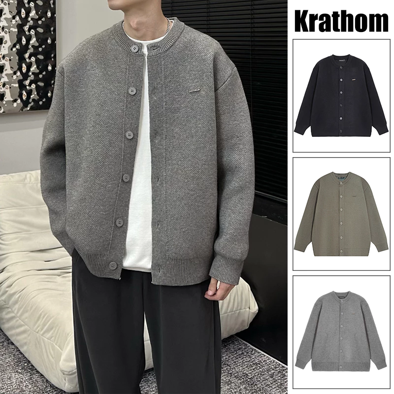 เสื้อแจ็คเก็ตคาร์ดิแกนถักคอปกเบสบอลสำหรับผู้ชาย - ลายทางและหลวม สไตล์สลูชชี่