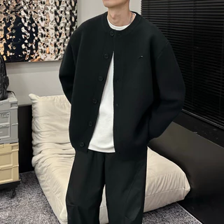 เสื้อแจ็คเก็ตคาร์ดิแกนถักคอปกเบสบอลสำหรับผู้ชาย - ลายทางและหลวม สไตล์สลูชชี่
