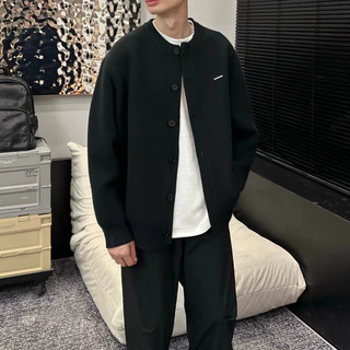 เสื้อแจ็คเก็ตคาร์ดิแกนถักคอปกเบสบอลสำหรับผู้ชาย - ลายทางและหลวม สไตล์สลูชชี่